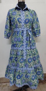 Handmade <b>Block</b> <b>Printed</b> Long Sleeve Shirt Dress - 100% Cotton Resort Wear, party wear dress for women. - Product Image 5