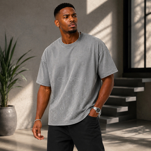 Cosh International OEM ODM Men's Vintage Grey Rhinestone <b>Flame</b> T <b>Shirt</b> Premium Cotton Oversized Streetwear Tee - Product Image 3