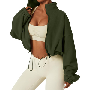 Sudadera Corta con Cierre de Cremallera para Mujer, Color Verde Oliva, de Forro Polar, Cuello Alto, Hombros Caídos, Manga Larga, Estilo Oversize, para Otoño - Product Image 3