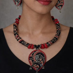 Handmade Women's Fabric <b>Necklace</b> Set Earrings Ethnic Boho Wedding Jewelry Traditional Printed Design Lightweight <b>Statement</b> - Product Image 1