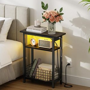 Narrow <b>Side</b> Table with LED Charging Station and Storage Small End Table with USB Port Skinny Nightstand Slim Beds - Product Image 3