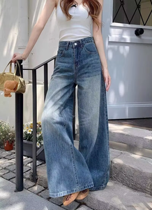 Mejor Oferta OEM Logotipo Personalizado Jeans Anchos de Cintura Alta para Mujer, Ajuste Regular, Diseño de Lazo, Desgastados, Transpirables - Product Image 5