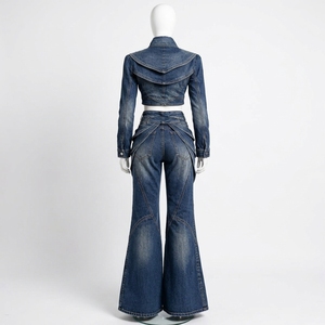 <b>Womens</b> <b>Blue</b> Denim Two Piece Set Sculpted Cropped Jacket Wide Leg <b>Jeans</b> Asymmetric Waist Detail Custom Fashion Streetwear - Product Image 4
