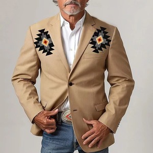 Shmily Vintage Indie Casual Aztec <b>Western</b> Cowboy Notched Collar Double Button Single Breasted 100% Polyester Suit <b>Jacket</b> - Product Image 4