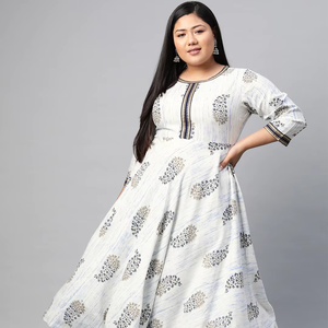 Kurta Anarkali blanche tie-dye à motifs floraux en viscose et rayonne, grande taille pour femme, col rond, manches trois quarts, vente en gros, tenue confortable - Product Image 1