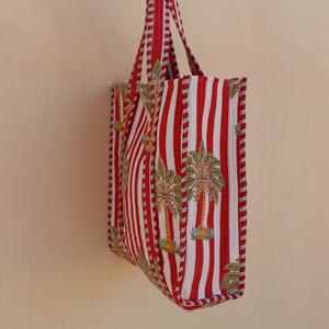 Sac fourre-tout en toile rayé rouge et blanc avec palmiers brodés, style bohème, ouverture supérieure, doubles poignées, sac de shopping toutes saisons - Product Image 2