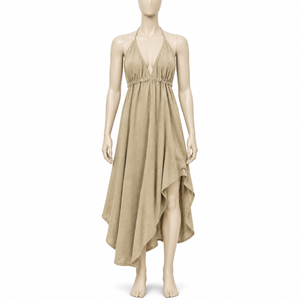 Womens Boho Halter Neck Maxi <b>Dress</b> Woven Elastic Waist | Elegant Sleeveless Asymmetrical Hem <b>Summer</b> <b>Beach</b> <b>Dress</b> with Fringe - Product Image 1