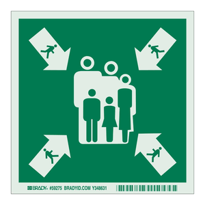 Señal Fotoluminiscente BradyGlo para Punto de Ensamblaje de Evacuación de Emergencia con Personas y Flechas - Product Image 1
