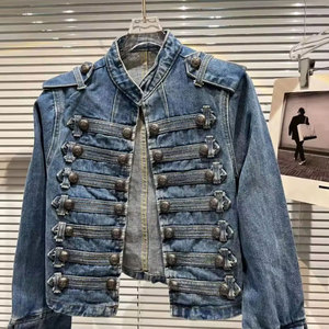 Stand Up Collar Denim <b>Jacket</b> Washed Blue Motor Coat Punk Goth Vintage Women M - Product Image 2