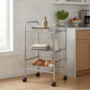 Carrito de almacenamiento metálico de 3 niveles con ruedas para baño, diseño minimalista, organizador metálico rodante, forma rectangular - Product Image 2