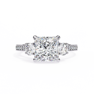 Bague de fiançailles à trois pierres en diamant de laboratoire taille princesse de 2,50 carats, certifiée IGI, avec pierres latérales brillantes pavées en or rose, pour mariée - Product Image 1