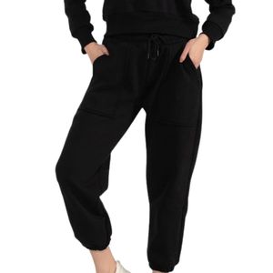 Women's Black Cargo <b>Jogger</b> Pants Elastic Drawstring Waist Casual Sweatpants with Side Pockets <b>Cuffed</b> Ankles for Workout - Product Image 1