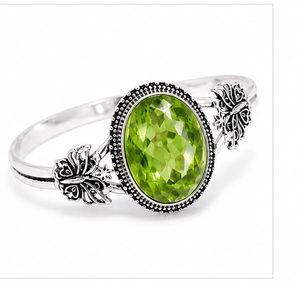 Cut Peridot Silver <b>Bangle</b> <b>Bracelet</b>, 925 Sterling Silver Green Gemstone <b>Bangle</b>, Oval Peridot Statement Jewelry, Women’s Gift - Product Image 3