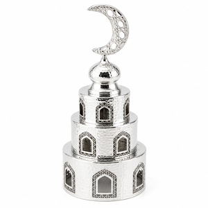 Decoración Plateada para Ramadán, Torre Minarete de Metal Martillado, Decoración Islámica para el Hogar, Adorno de Luna Creciente para Eid Mubarak - Product Image 1