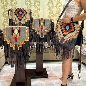 Nuevo bolso de mano con manta con sillín con estilo occidental Real hecho a mano azteca multicolor cuero con cuentas Correa borla bolsos cruzados - Product Image 3