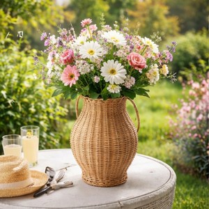 Rustic Bohemian Rattan Jar Urn Vase Handles Woven Vintage <b>Floor</b>/Tabletop Flowers Wedding Anniversary Home Decorative <b>Accessory</b> - Product Image 3
