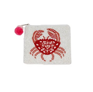 Beaded Cotton Crab Coin Purse with for <b>Pom</b> <b>Pom</b> Zipper Closure Handmade <b>Mini</b> Size Unisex Cartoon Design Polyester Lining - Product Image 1
