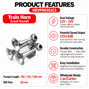 แตรรถไฟเสียงดัง โทนเดียว 12V 24V แตรลมซิงค์แอร์แบบสามแตร - Product Image 2
