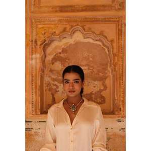 Ethnic <b>Silver</b> 925 Antique Kundan <b>Choker</b> Necklace Set For Anniversary Wedding Bridal Green Stone Indian With Golden Pearls - Product Image 2