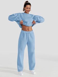 Conjunto de sudadera y pantalones deportivos de 2 piezas para mujer, talla grande, color azul cielo, con cuello redondo, sudadera transpirable y pantalones deportivos con puños. - Product Image 2