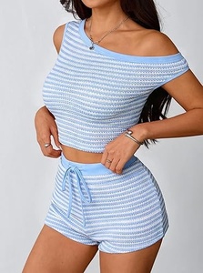 Women's Striped Knitted Crop <b>Top</b> And Shorts Set Off Shoulder Sleeveless Drawstring Waist Blue White Two Piece Outfit - Product Image 6
