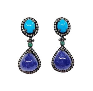 Boucles d'oreilles pendantes multi-gemmes en argent sterling 925 plaqué or, sur mesure, fournisseur, grossiste, fait main, topaze bleue, faible MOQ - Product Image 1