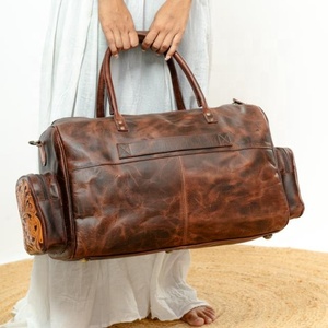 Unisex Genuine <b>Leather</b> <b>Duffle</b> <b>Bag</b> Unique Aztec Tooled Tassel Embossed Design New Western Traditional Zipper Closure Travel <b>Bag</b> - Product Image 3