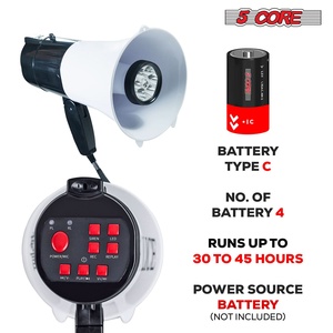 5 Core 30W Battery Powered Megaphone with Siren <b>LED</b> Light 800-Yard Range Bull Horn PA <b>Speaker</b> - Product Image 4