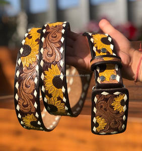 Cinturón Occidental de Cuero de Grano Completo Hecho a Mano, Correa de Hebilla Extraíble Unisex de Girasol con Estilo Occidental - Product Image 3