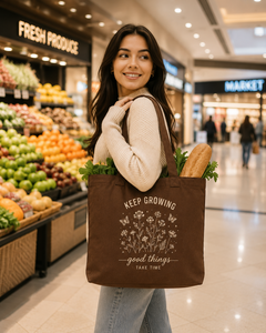 Keep Growing <b>Canvas</b> <b>Tote</b> Bag 35cm x 25cm Magnetic Snap Closure Brown Printing Design for Daily Use Shopping - Product Image 3