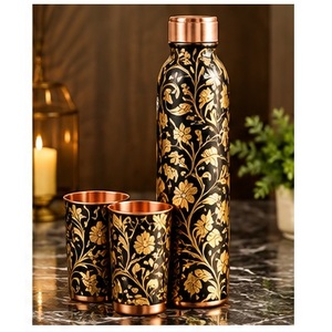 Pink Floral Bird Printed <b>Metal</b> <b>Water</b> <b>Bottle</b> with Copper Lid and Matching Cups Portable Drinkware Set - Product Image 4