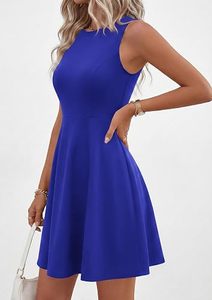 Robe mini sans manches à col rond, coupe ajustée, couleur unie, respirante, décontractée, pour l'été, avec ourlet droit et fente latérale - Product Image 5