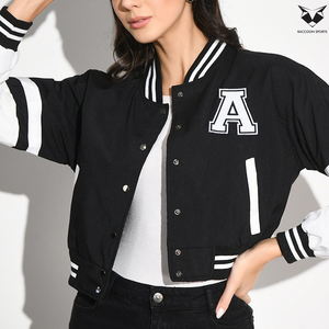 Customized Made New Arrival Women Varsity <b>Jacket</b> Black <b>White</b> Letter A Embroidered Front Full Sleeve Turn-Down Collar Autumn - Product Image 5