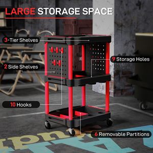 Chariot à outils roulants à 3 niveaux d'une capacité de 200 LBS Chariot utilitaire en plastique noir et rouge avec étagères latérales pour le stockage dans l'atelier du garage - Product Image 4