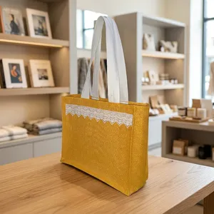 Bolsa de Yute de Moda con Encaje, Elegante, 14x16x5 Pulgadas, Reutilizable, para Compras, Supermercado, Oficina, Artículos Esenciales, Venta al por Menor - Product Image 4