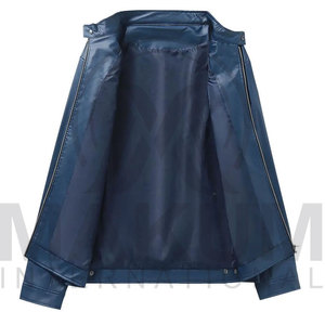 Blue Leather Jacket Slim Fit Turn-<b>down</b> Collar Zipper Closure Regular Length - Product Image 5