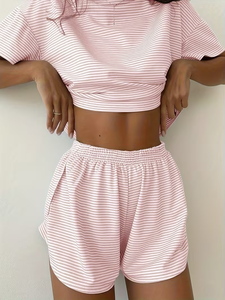 Women Striped Summer Casual Daily Wear 2 Piece Pajama Set Short Sleeve Crew Neck Tee Side Split Shorts for Wear - Product Image 5