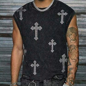 เสื้อยืดแขนกุดลายกราฟิกประดับเพชรสำหรับผู้ชาย สไตล์วินเทจสตรีทแวร์ ทรงเข้ารูป พิมพ์โลโก้ได้ตามต้องการ เหมาะสำหรับใส่ลำลองหรือออกกำลังกาย - Product Image 3