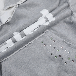 Sweat à capuche unisexe gris 2026, coupe oversize, à bords bruts et effet vieilli, orné de strass en cristal argenté, style streetwear urbain - Product Image 6