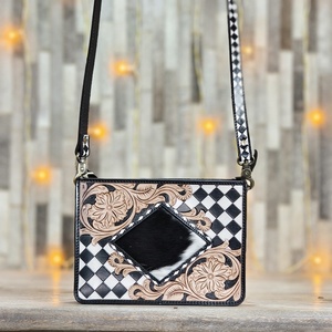 Bolsos de Hombro Pequeños de Cuero Hechos a Mano de Alta Calidad, Piel de Vaca y Patrón a Cuadros, Estilo Occidental, Bolso Bandolera con Correa para la Muñeca - Product Image 5