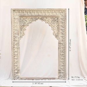 Miroir mural en bois blanc vieilli, style Jharokha, sculpté à la main, pour salon, chambre, salle à manger, style ferme - Product Image 2
