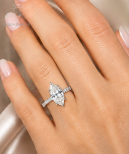 Elegant marquise solitaire ring in 18K white gold with prong set marquise diamond slim band pave round diamonds couture - Product Image 6