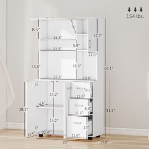 Dispensa da cucina bianca autoportante da 66 pollici con credenza e 2 armadietti grandi, 1 armadietto a scomparsa e 3 cassetti, ideale per ville - Product Image 3