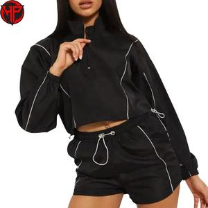 Women Custom Logo Windbreaker Front Zip 2 Piece Jogger <b>Set</b> Drawstring Tracksuit Training Nylon <b>Short</b> <b>Sets</b> for <b>Ladies</b> - Product Image 4