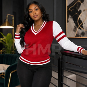 HMR Women Acrylic Sisterhood Women's Red White Contrast Color V Neck Long Sleeve Knitted Preppy Style <b>Cardigan</b> <b>Sweater</b> - Product Image 3