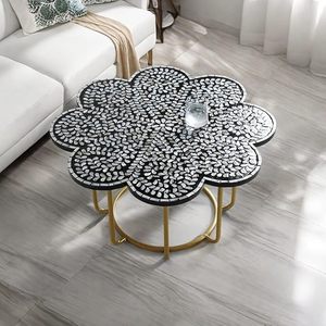 Mesa de Centro Redonda con Incrustaciones Florales de Nácar, Base de Latón Dorado, Muebles para Sala de Estar - Product Image 1