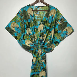 Nuevo Kaftán con Estampado Animal, Cuello en V, Cierre con Cordón, Corte Evase, de Algodón Suave Indio, con Encaje, Largo Completo, para Playa, para Mujer - Product Image 3