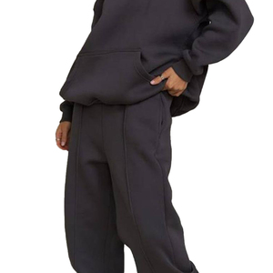Women's Dark <b>Navy</b> Hooded Tracksuit Full Length Loose Fit 100% Cotton Solid Color Casual Sweatshirt And Pants Set Autumn Wear - Product Image 4