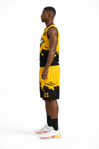 Ensemble d'uniformes de basketball personnalisés par sublimation, maillot jaune et noir, short, nom de l'équipe 21, polyester respirant, adulte unisexe - Product Image 4