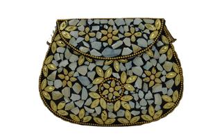 Handcrafted Floral Mother of Pearl Mosaic <b>Clutch</b> Bag with <b>Gold</b> Tone Leaf Work Luxury Evening Party Handbag for Women - Product Image 1